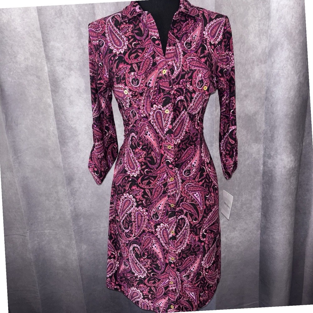 NWT Emily‎ Daniels Petite Small Pink Paisley Sequin Button Front Shirt Dress